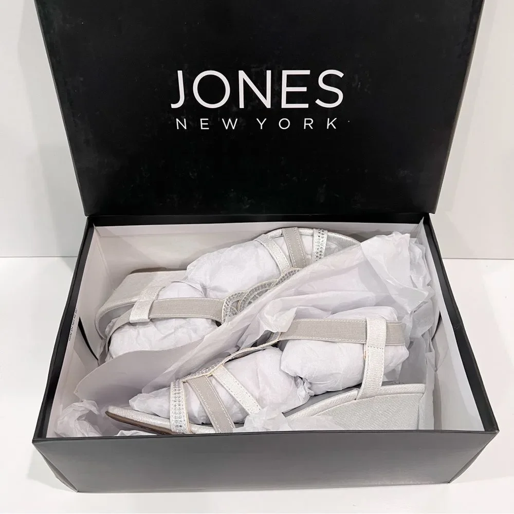 Jones New York Denice Strappy Bling Wedge Sandals Elastic Ankle Silver 7.5 NEW